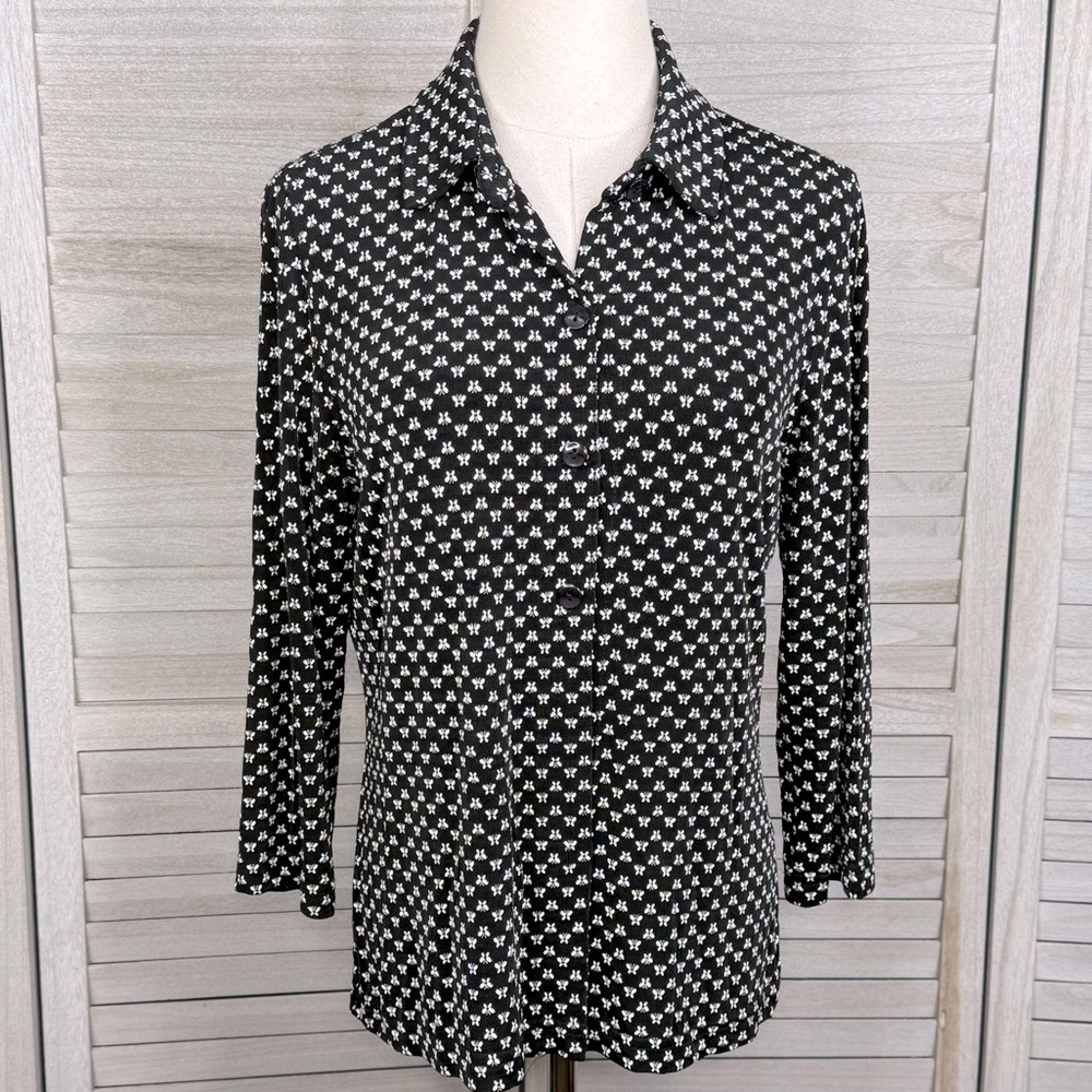 SOFTWEAR (By Mark Singer) Vintage 90's 3/4 Sleeve Button Down B&W Butterfly-S